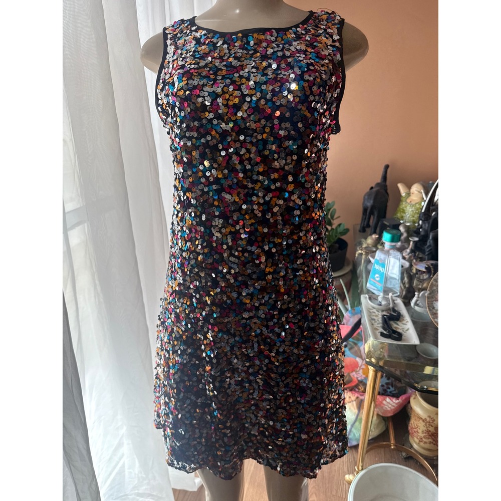 Lavender Confetti Sequin Sleeveless Shift Dress Multi Color Party Mini 14/16